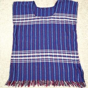 Authentic Mexican Woven Fringe Sleeveless Handmade Top Blue White Red Size S/M
